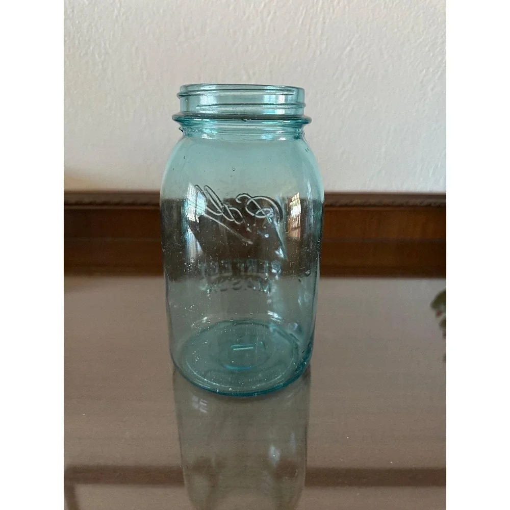 Antique 1910-1923 Blue Ball Perfect Mason Quart Jar 1 Wavy Glass Air Bubbles